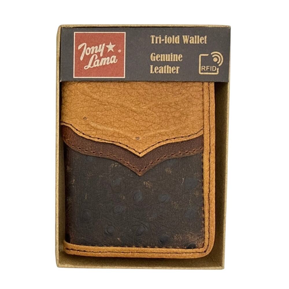 Tony Lama Trifold Wallet Mens Genuine Ostrich Leather‎ RFID Tan Brown Western